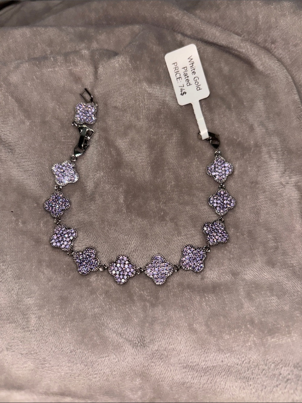 White Gold-Plated Lavender Crystal Clover Bracelet