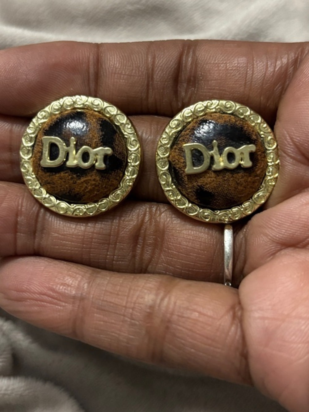 Dior Gold-Tone Brown Leopard-Print Logo Button Earrings