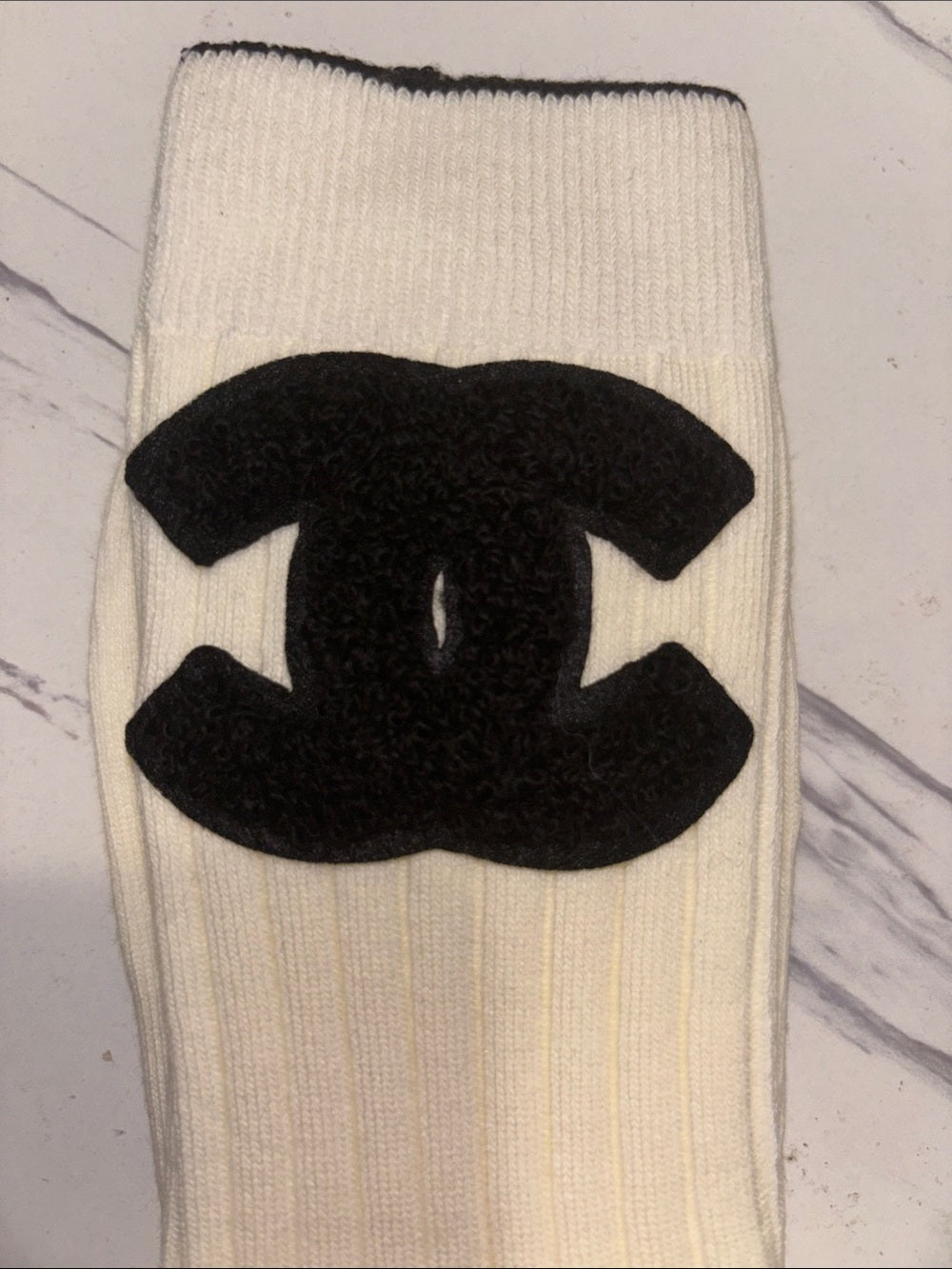 Cream Ribbed Socks with Black CC Logo