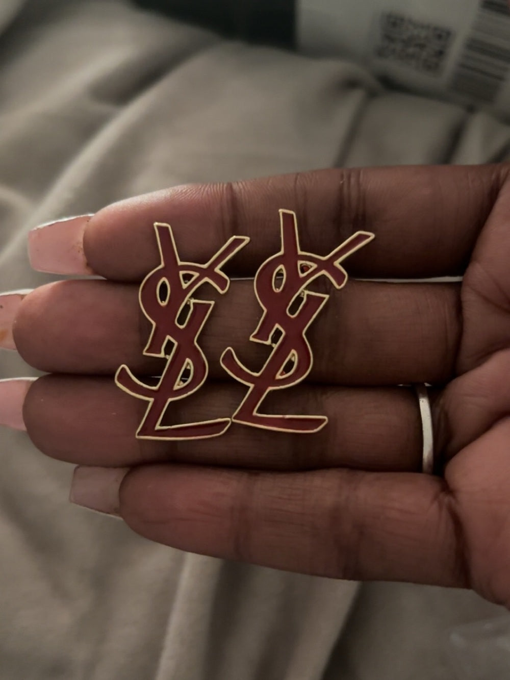 YSL Red and Gold Monogram Stud Earrings