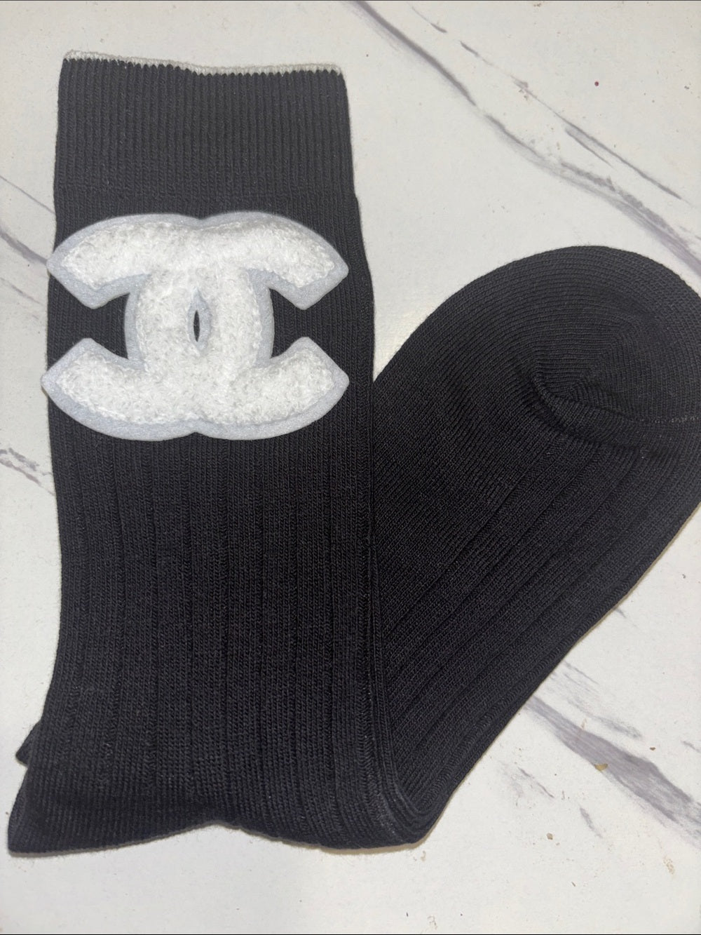 Black Ribbed Socks with White CC Logo