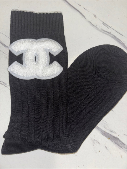 Black Ribbed Socks with White CC Logo