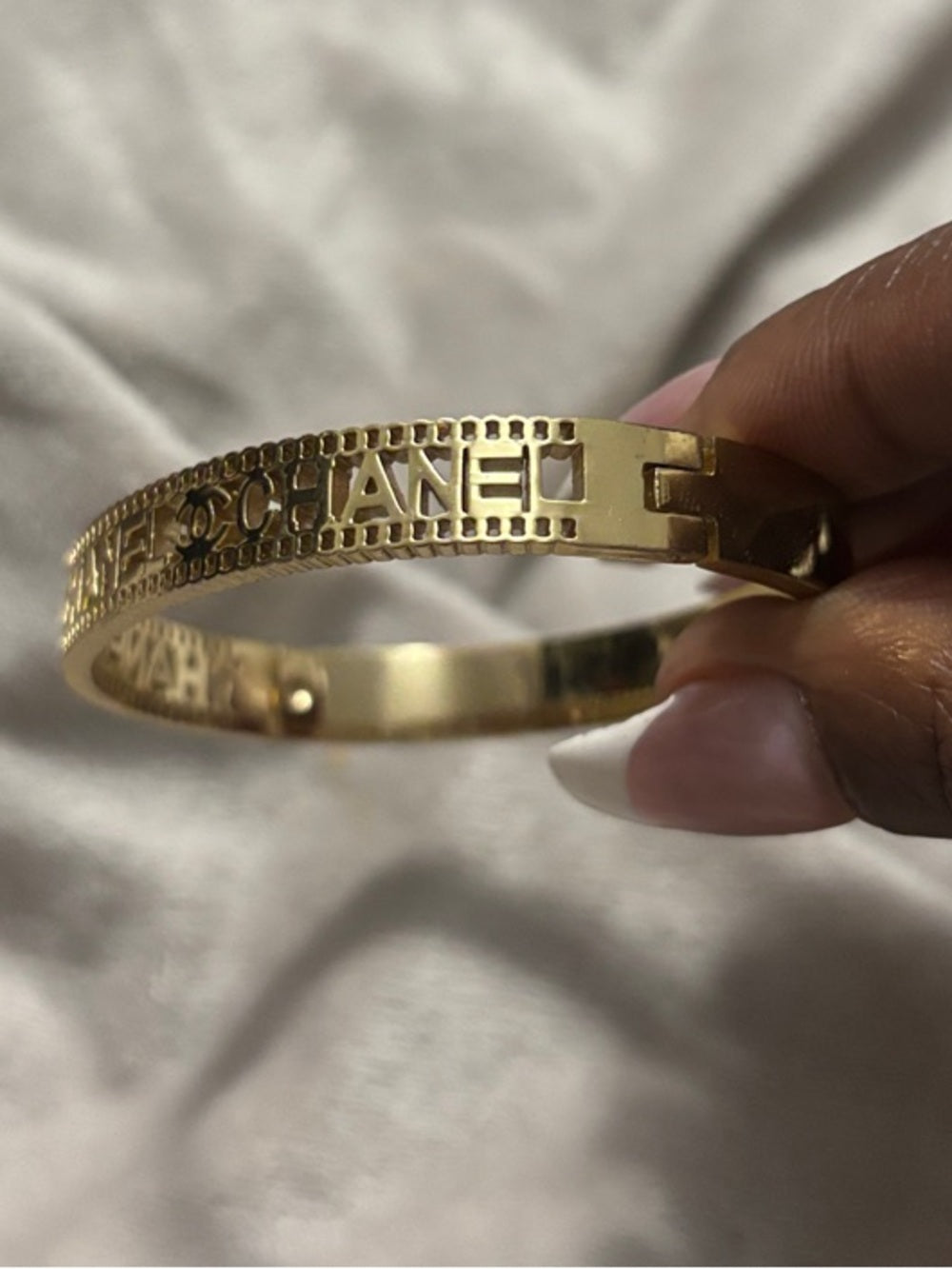 Inspired Gold-Tone Cutout Logo Bangle Bracelet