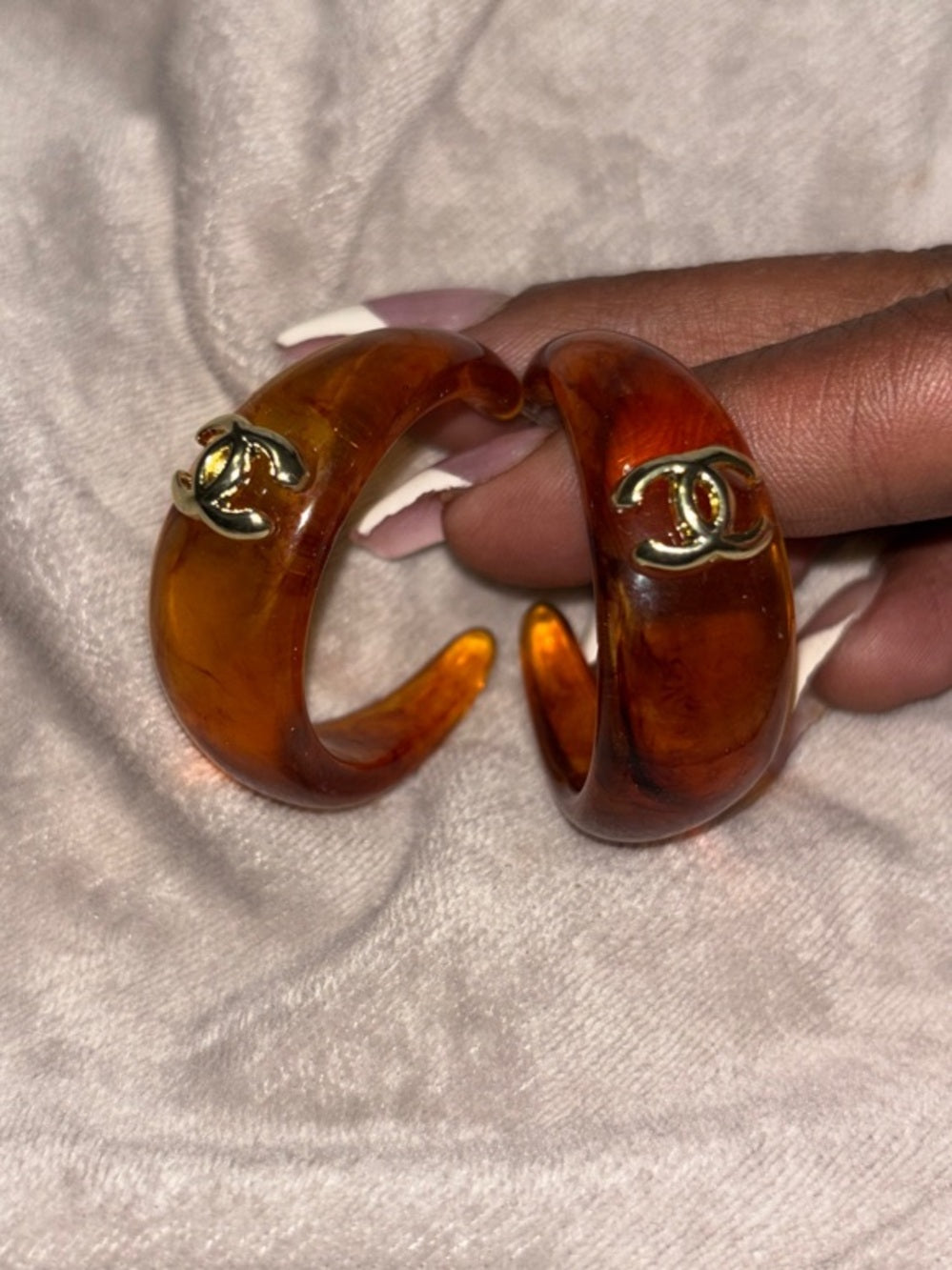 Amber Resin Hoop Earrings with Gold CC Emblems