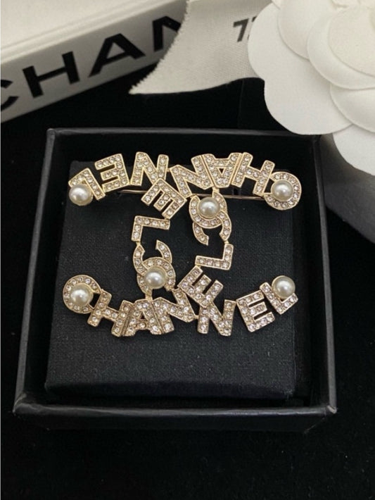 CHANEL Inspired Gold-Tone Crystal & Pearl Interlocking CC Logo Brooch