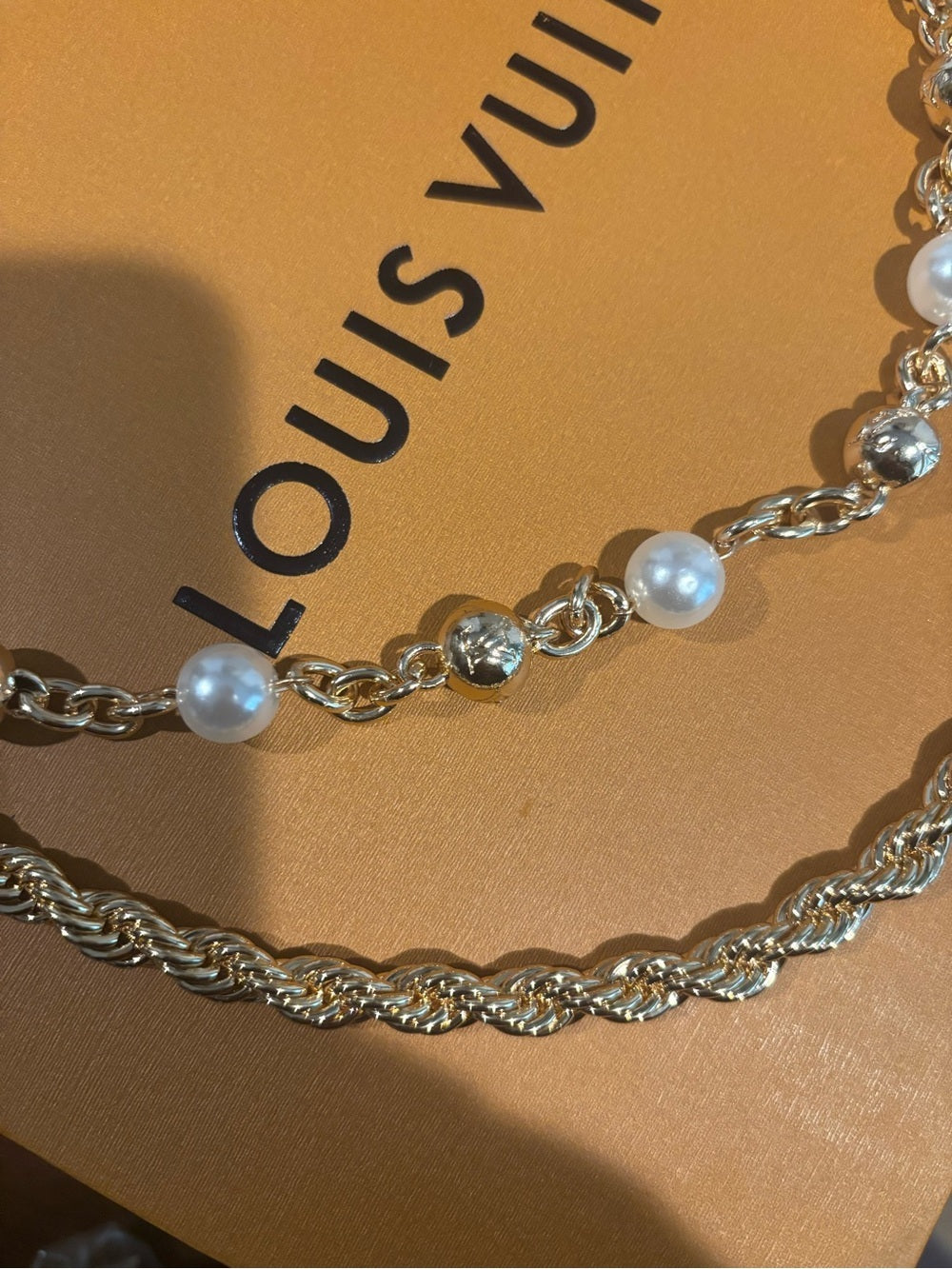 LV Gold and White Pearl Chain Necklace
