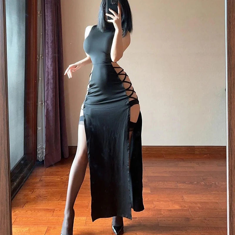 Midnight Temptation Lace-Up Maxi Dress