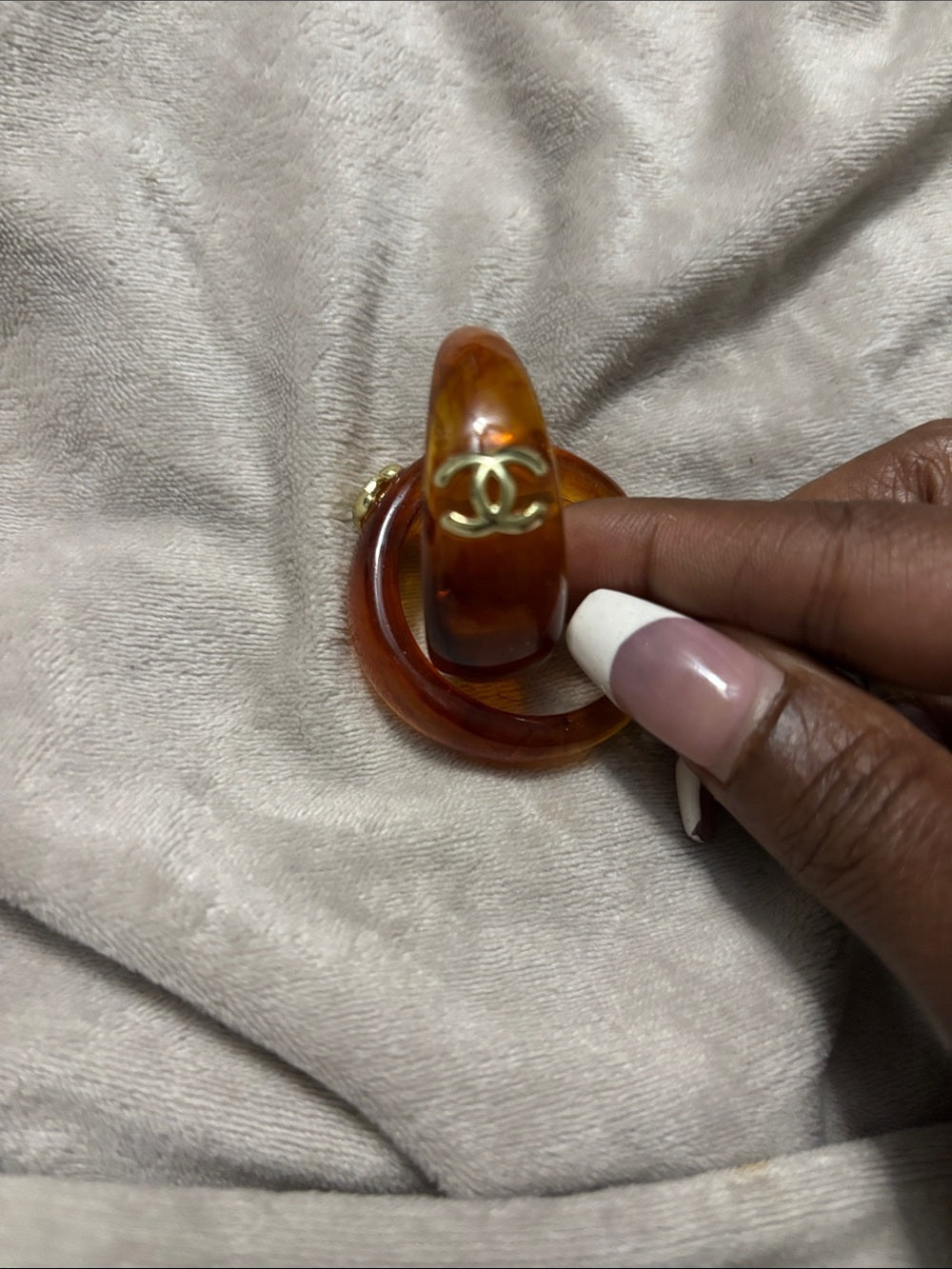 Amber Resin Hoop Earrings with Gold CC Emblems
