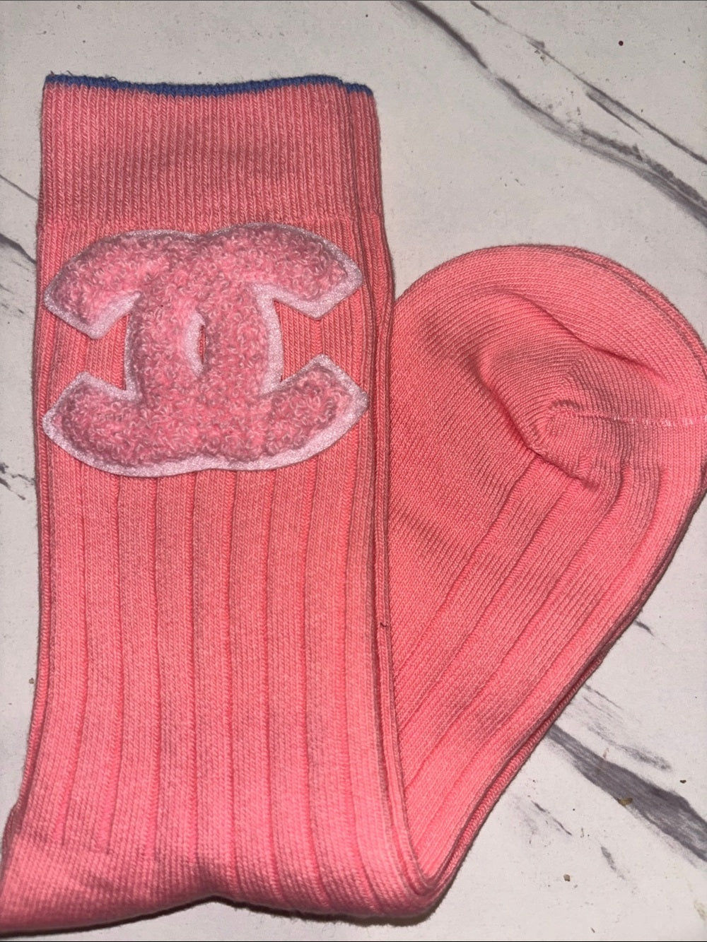 Pink Ribbed Socks with Black CC Logo