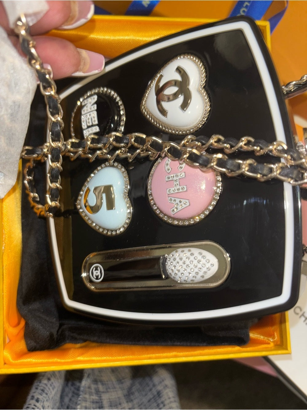 CHANEL Black Enamel Golf Marker Set with Pink, Light Blue & White Accents