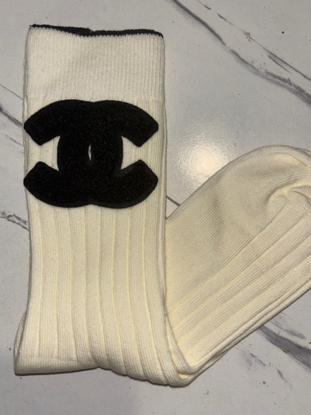 Cream Ribbed Socks with Black CC Logo