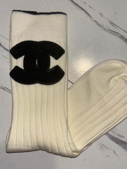 Cream Ribbed Socks with Black CC Logo